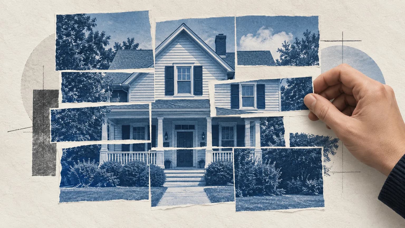 Editorial collage of a hand realigning fragmented photographs of a home.