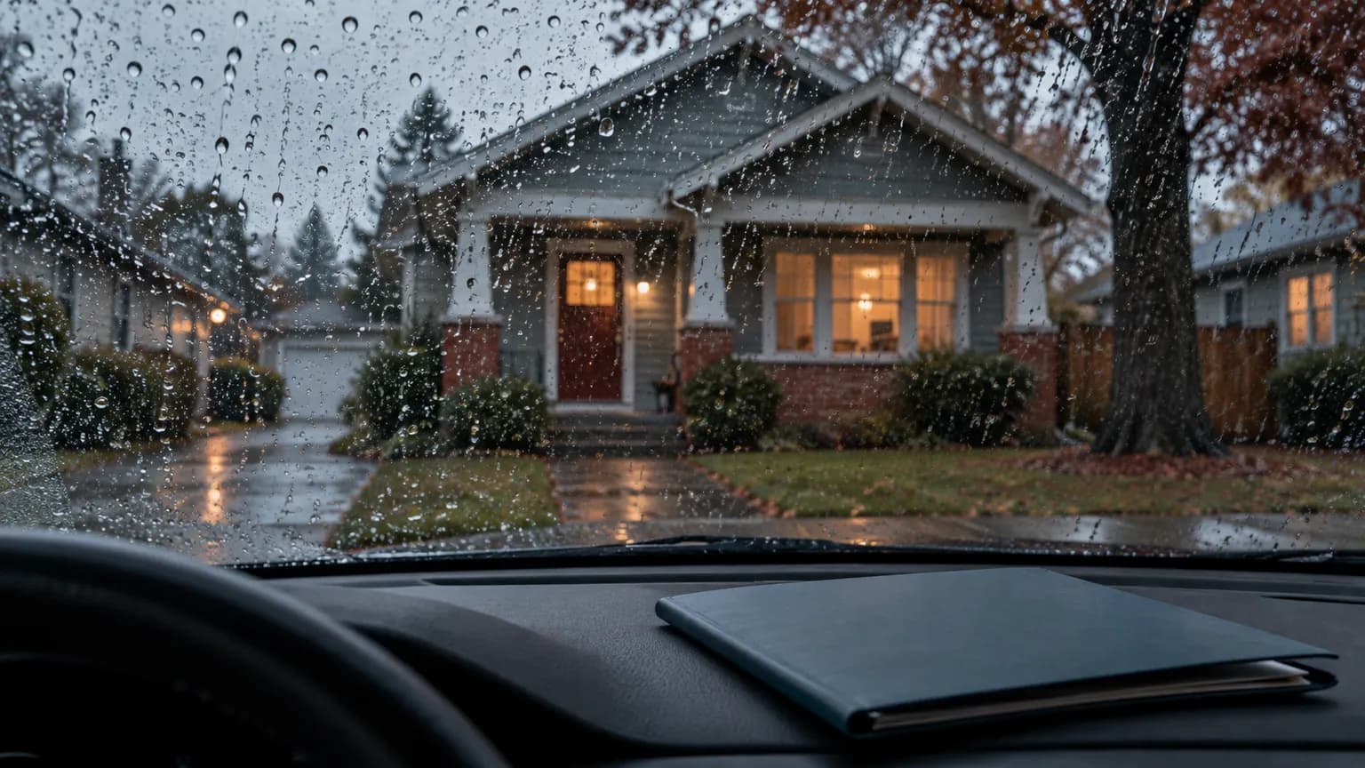 A home seen through a rain-covered car windshield, with a document folder on the dashboard.