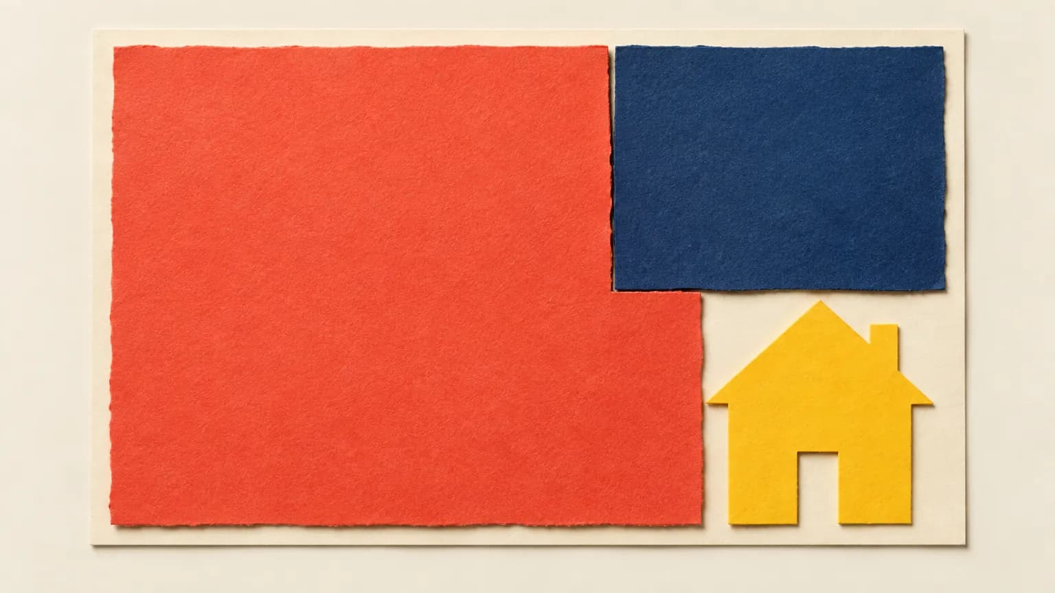 Paper collage of red and blue budget blocks surrounding a small yellow house shape.