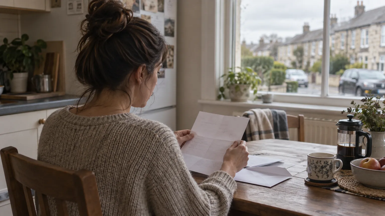 A woman reads a letter at her kitchen table, with a residential street outside.