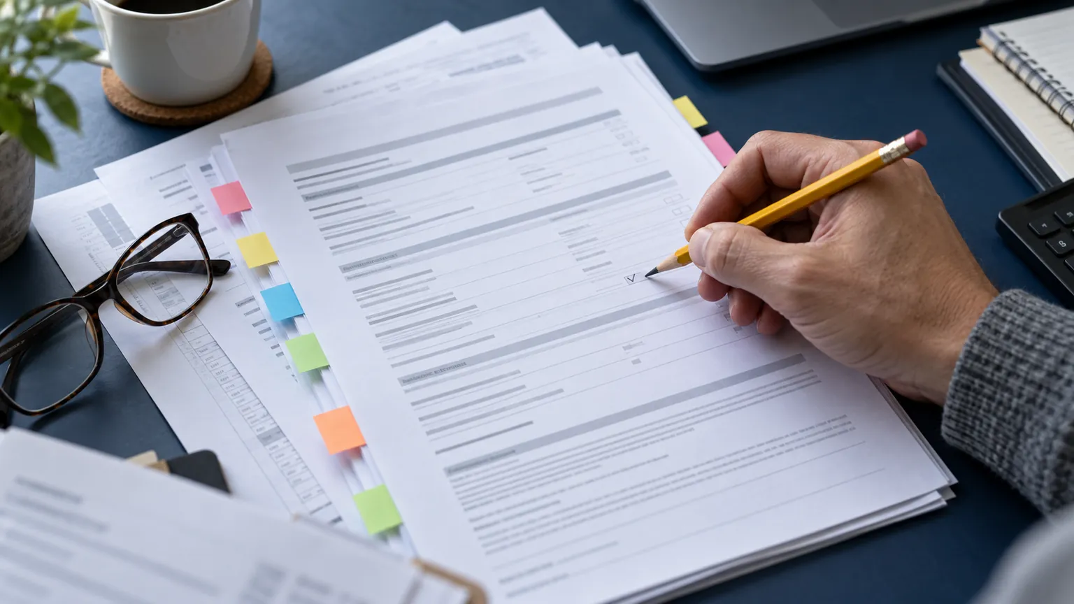 A hand checks a flagged document in a mortgage application file.