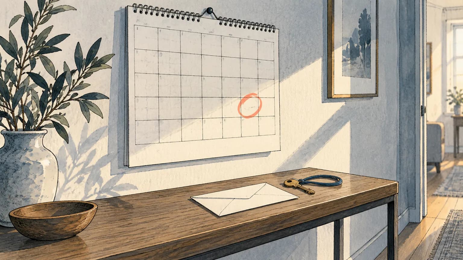 Watercolor calendar with a circled date above an envelope and keys on a hallway table.