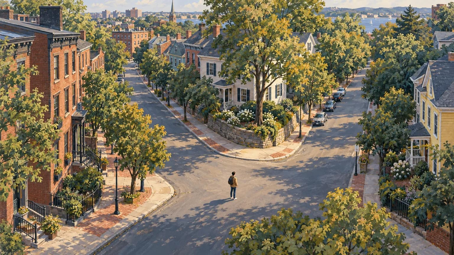 Painted neighborhood intersection with three streets and a pedestrian considering the routes.