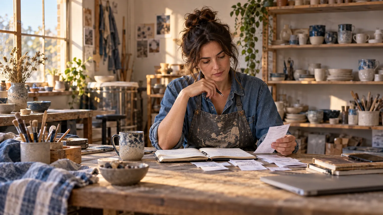 A ceramics business owner reviews financial records at her studio workbench.