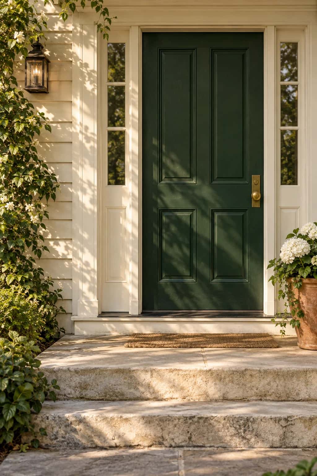 A sunlit green front door surrounded by warm stone and greenery